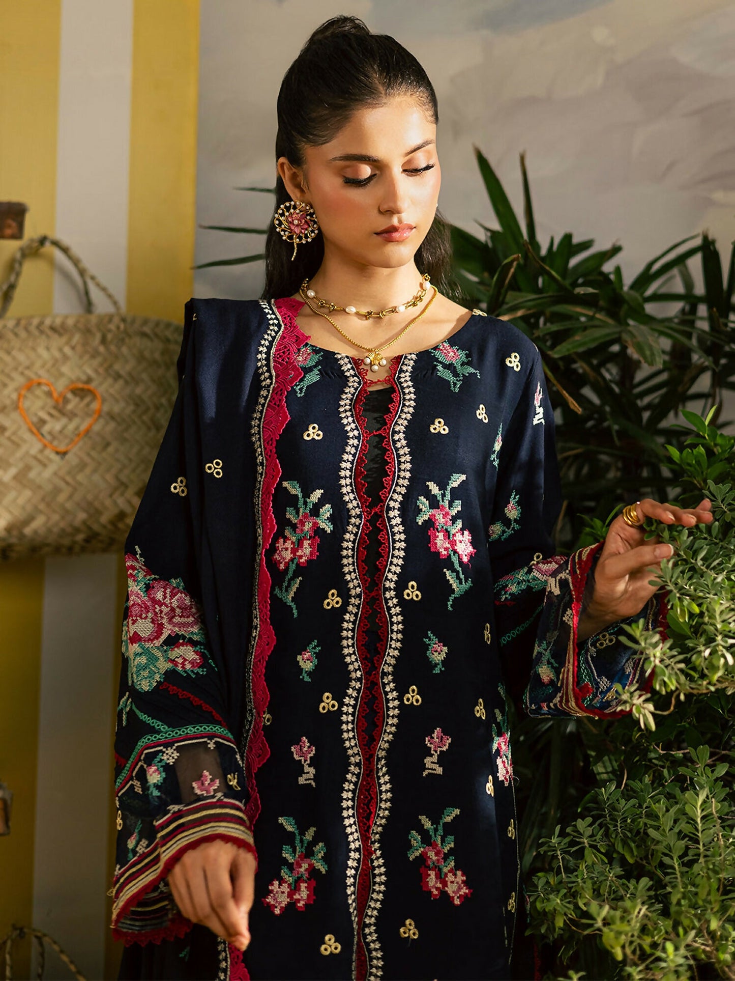 Mahnur Kaia Slub Linen Embroidered Stitched 3-Piece Suit-K- 06