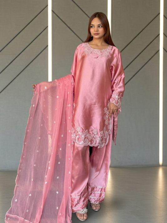 Peach Savarna Silk Embroidered Stitched 3-Piece Suit