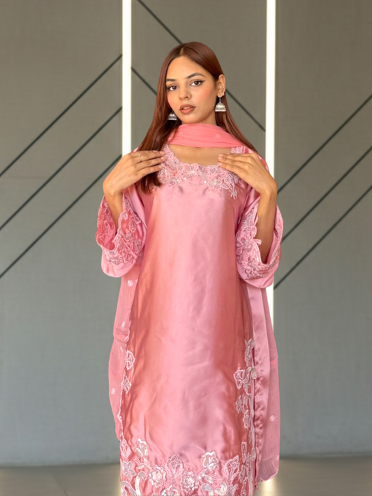 Peach Savarna Silk Embroidered Stitched 3-Piece Suit