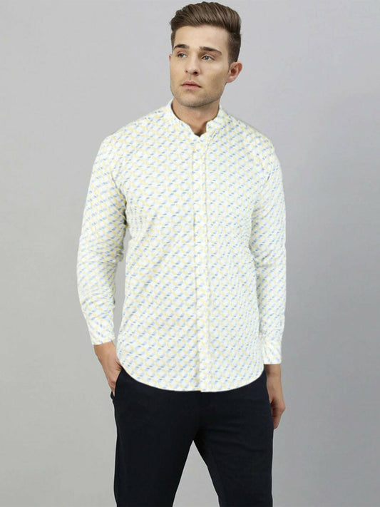 Men’s casual cotton shirt with mandarin collar, curved hem, and full sleeves in premium quality finish.