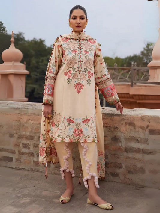 Unstitched 3-piece suit by Elan with embroidered self-jacquard cutwork shirt, voile dupatta with floral embroidery, and paste-printed cambric trouser.