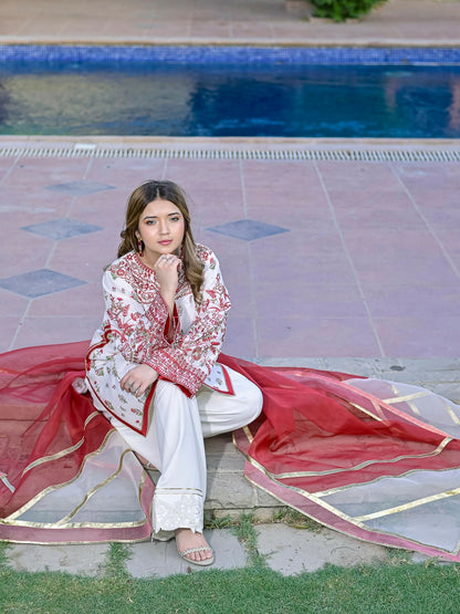 Farooq Hameed Studio Silk Embroidered Stitched 3-Piece Suit-Crimsal