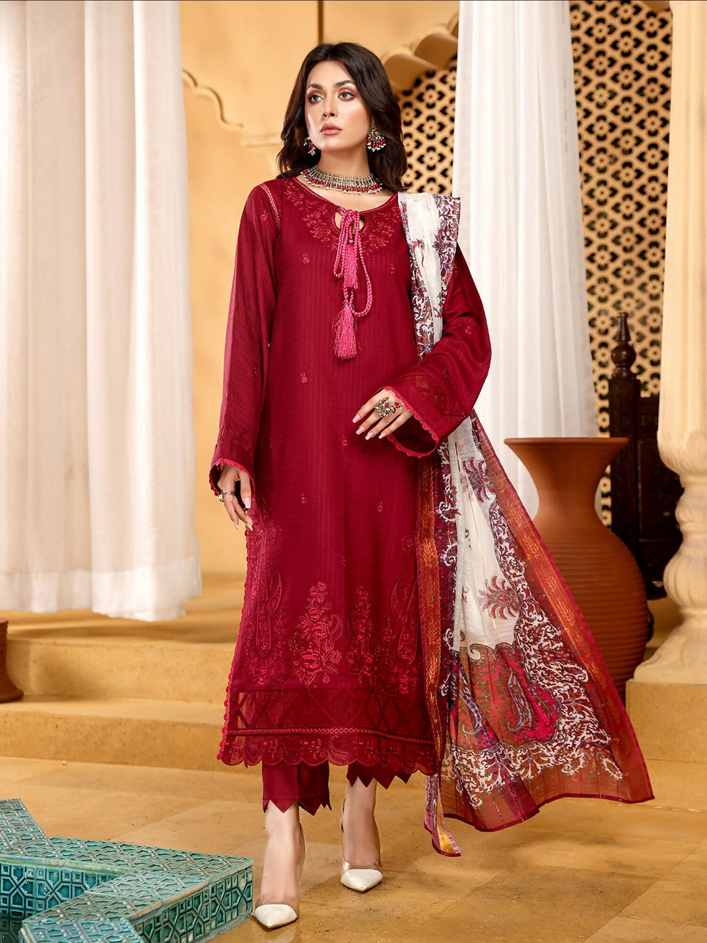 Binilyas Dobby Embroidered Unstitched 3-Piece Suit-D 741-B