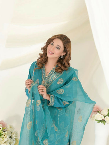 Ruby's Couture Gul-Bahar Silk Printed Stitched 3-Piece Suit-Maleena