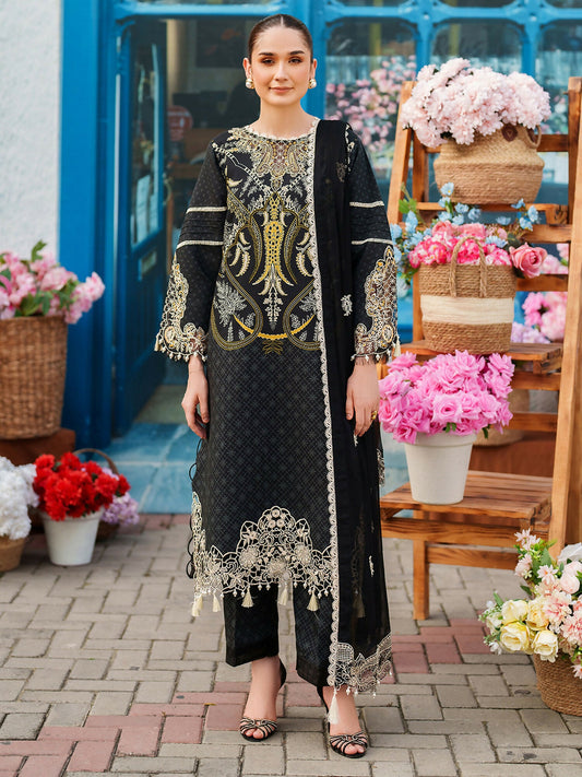 Parishay Ivy Bloom Winter unstitched 3-piece suit with embroidered neckline, front daman, border, sleeve patch, chiffon dupatta, and viscose trouser.