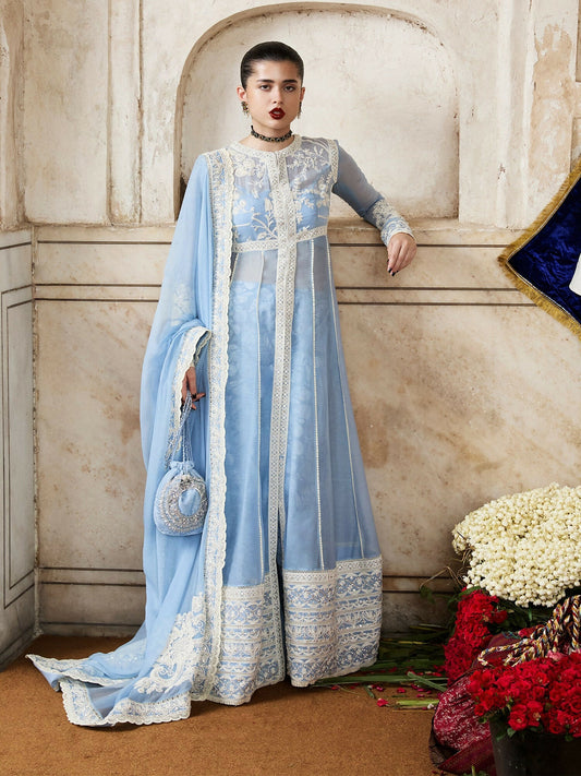 Hussain Rehar Festive Pret’25 powder blue Chanderi silk pishwas with Banarasi churidar, chiffon embroidered dupatta, and satin slip, stitched 4-piece suit.