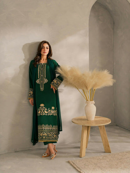 Zeephire Linen Embroidered Stitched 3-Piece Suit-Amina
