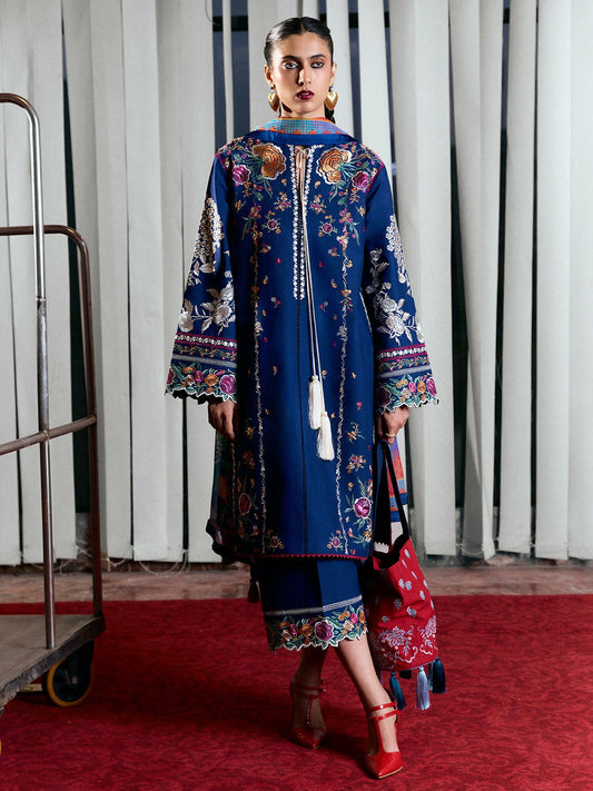 Navy blue cotton long shirt with multicolor ghaara embroidery, tassel detail at the front, straight sleeves with cutwork, and wide-leg cotton culottes with matching embroidery and cutwork hem.