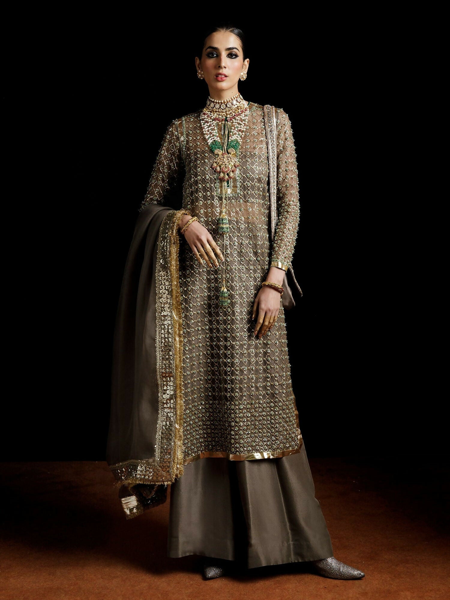 Hussain Rehar grey organza embellished shirt with raw silk palazzo pants and organza dupatta
