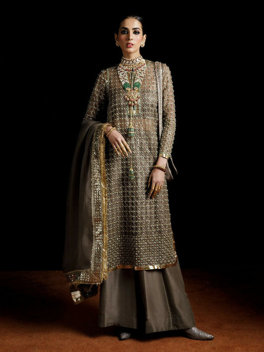 Hussain Rehar grey organza embellished shirt with raw silk palazzo pants and organza dupatta