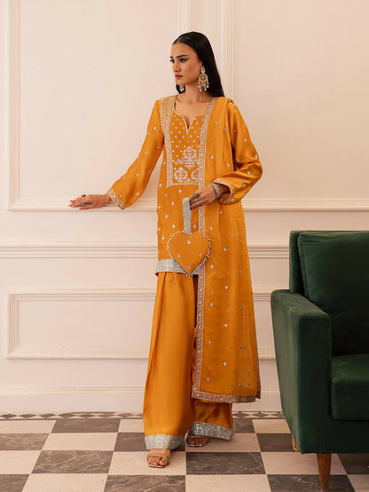 Allure By IH Be-My-Guest Thai silk Embellished Stitched 3-Piece Suit-Honey Burn