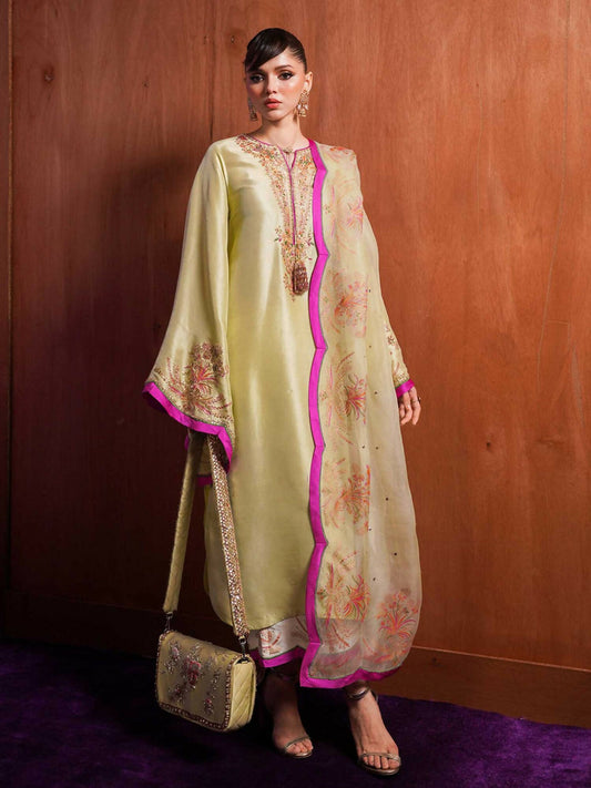 Apple Green Hussain Rehar BASIC NOT BASIC IV Raw Silk Embroidered Stitched 3-Peice Suit-Meadow