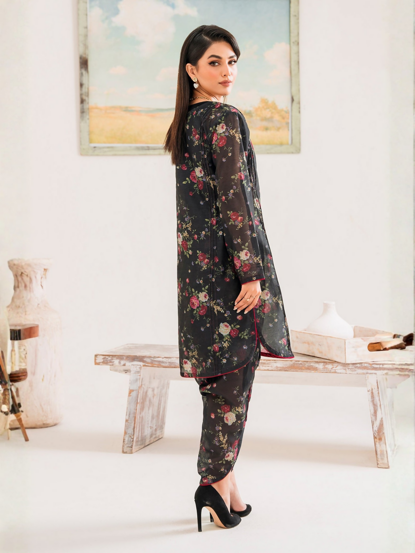 Panache Apparel Chambray Katan Printed Stitched 2-Piece Suit-Cosmos