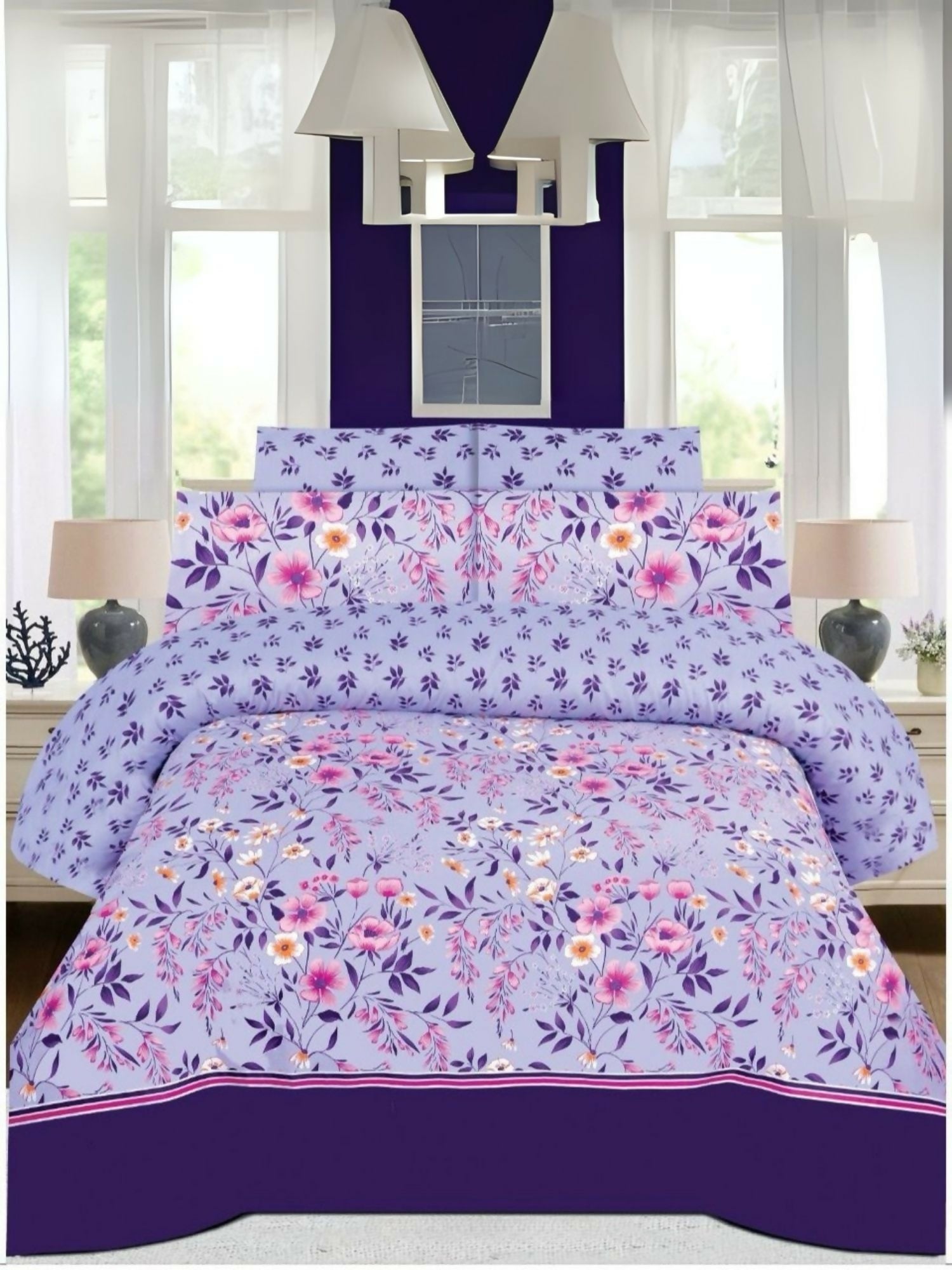 Lilac comforter set with colorful floral design, includes king size comforter, bedsheet, and four pillow covers.