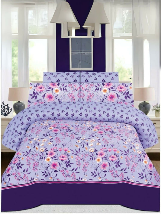 Lilac comforter set with colorful floral design, includes king size comforter, bedsheet, and four pillow covers.