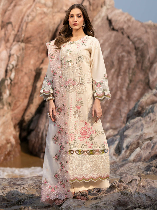 Unstitched 3-piece lawn suit from Mahnur Sirene collection with embroidered shirt, cotton net dupatta, dyed trouser, and lining fabric.