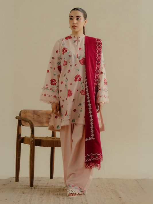 Unstitched 3-piece embroidered suit with floral embroidered lawn shirt, embroidered cambric trouser, and dyed self-jacquard dupatta finished with organza embroidered borders.