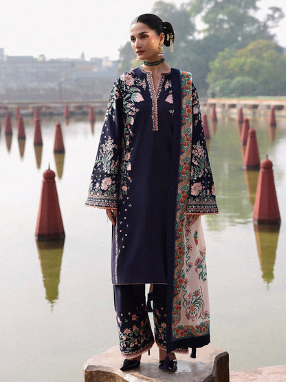 Jugnu By Hussain Rehar Khaddar'25 Embroidered Unstitched 3-Piece Suit-Navi