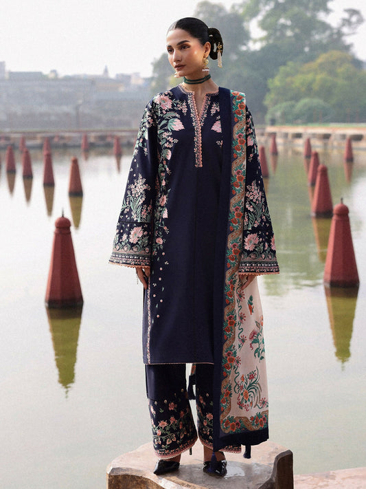 Jugnu By Hussain Rehar Khaddar'25 Embroidered Unstitched 3-Piece Suit-Navi
