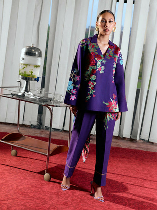 Purple cotton short shirt and fitted pants with all-over floral embroidery, textured sleeves, and a seperate matching traditionally embroidered lawn scarf.