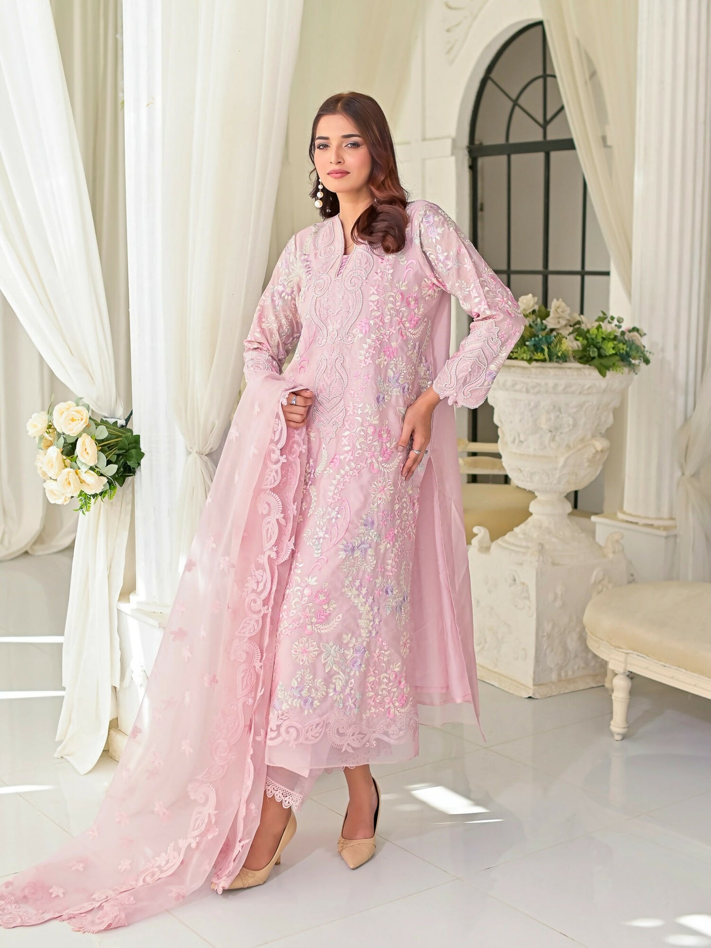 Farooq Hameed Studio Silk Embroidered Stitched 3-Piece Suit-Aura