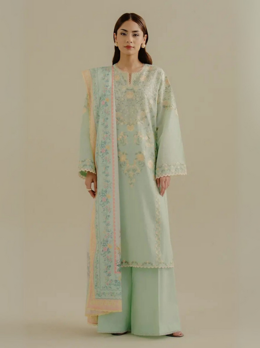 Unstitched 3-piece embroidered suit featuring sea green lawn shirt with yellow embroidery, dyed cambric trouser, and digital printed self-jacquard dupatta for a bold and refined look.