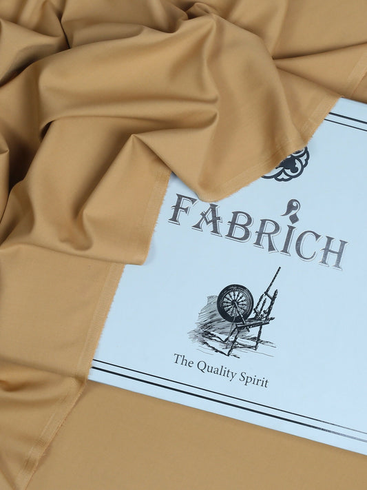 Mustard men’s unstitched wash n wear fabric by Fabrich, offering a luxurious soft-finish and refined details like designer buttons and brand label.