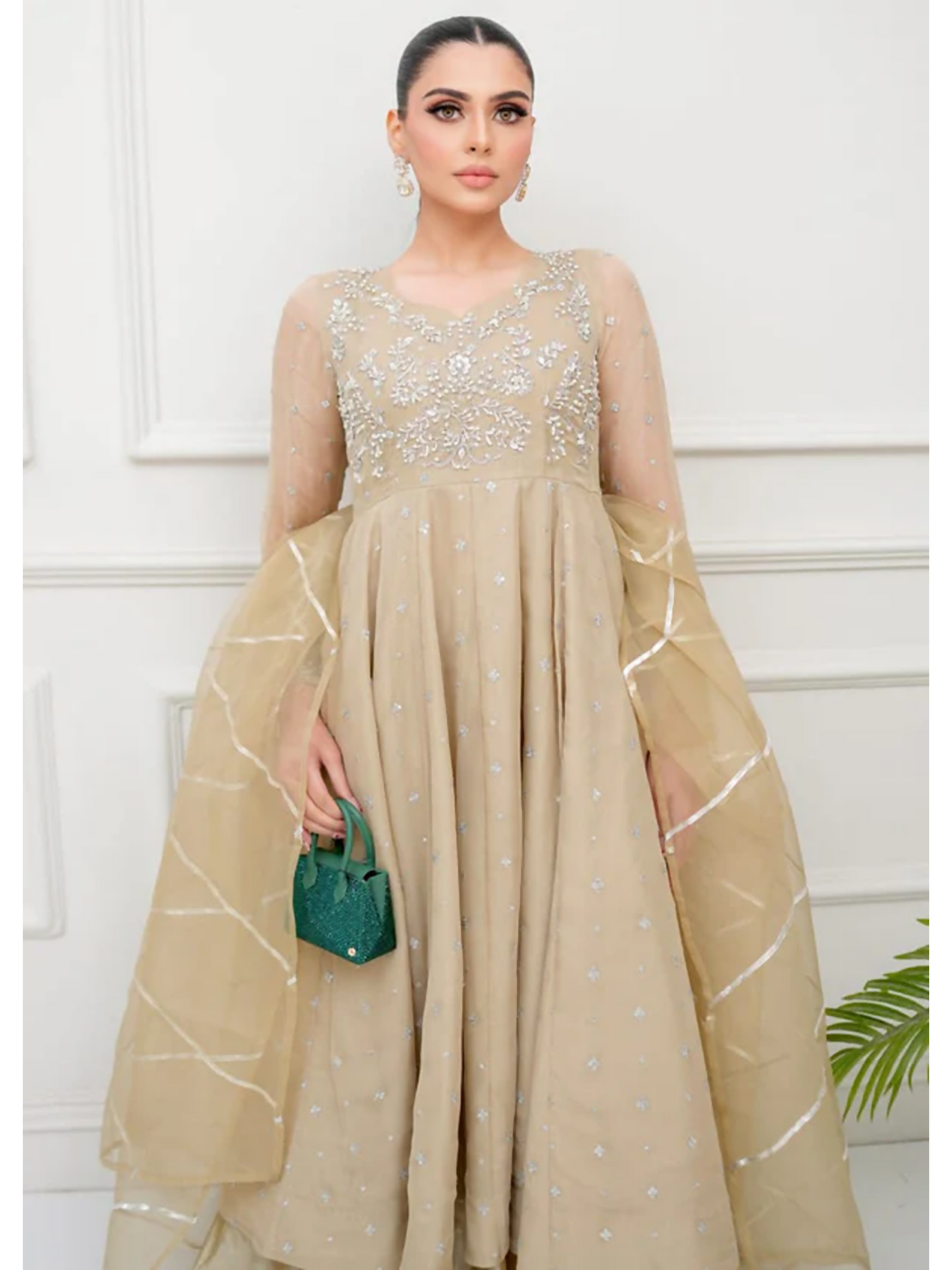 Allure By IH Lehr Chiffon Embroidered Lehenga-Oat
