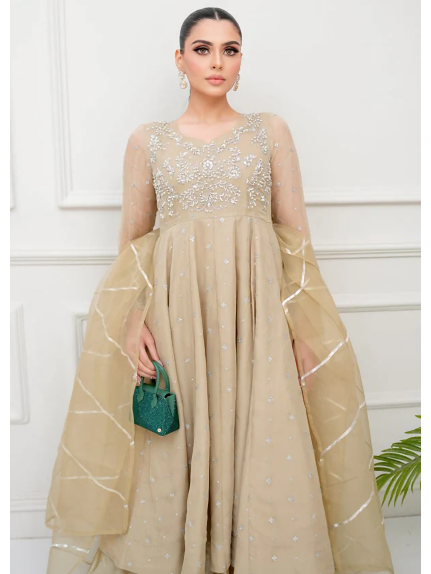 Allure By IH Lehr Chiffon Embroidered Lehenga-Oat