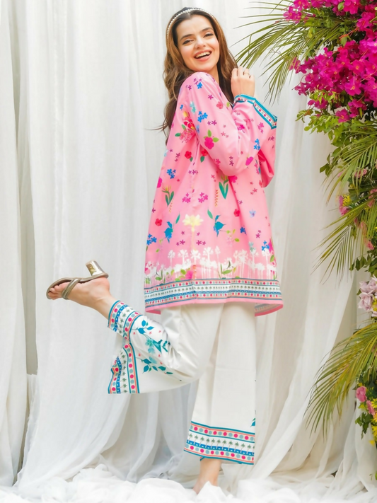 Tehzeeb Libas stitched 2-piece poly lawn suit in soft pink with floral printed shirt and white wide-leg trousers with printed cuffs