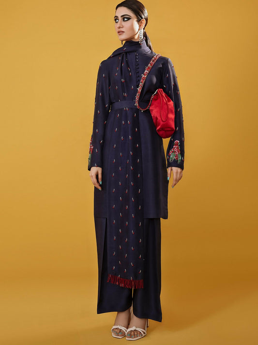 Silk outfit with embellished sleeves, cherry accents, and hand-embellished stole by Hussain Rehar.