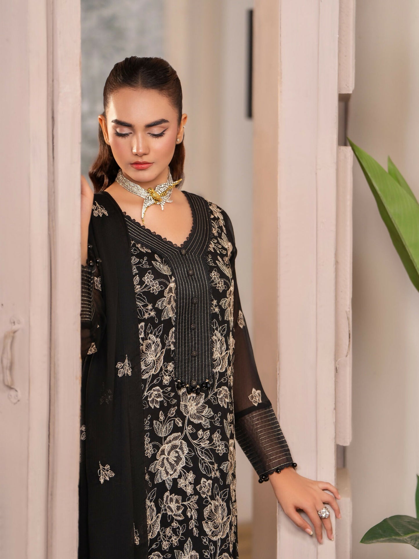 Hemstitch Chiffon Embroidered Stitched 3-Piece Suit-Leia