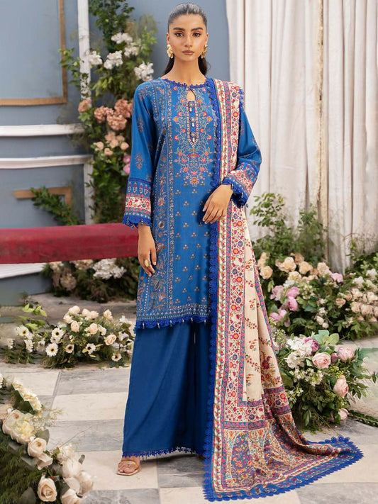 Mausummery unstitched 3-piece suit with digital printed Linen Doria shirt and dupatta, paired with dyed linen trouser for elegant winter styling.