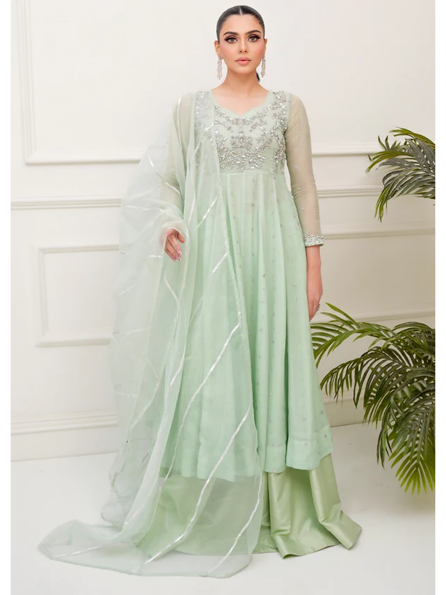 Allure By IH Lehr Chiffon Embroidered Lehenga-Matcha