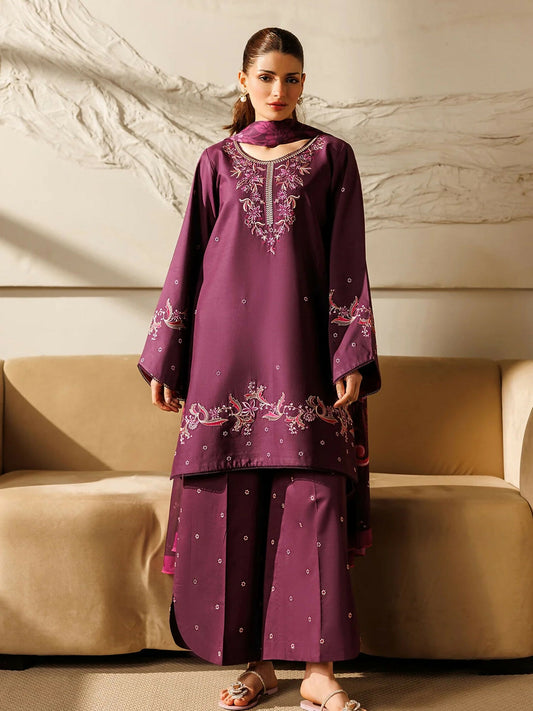 Panache Apparel Mistfall Ramadan Edit Cotton Embroidered Stitched Suit-Espresso