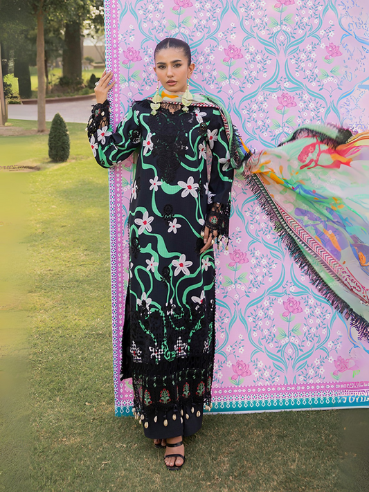 Woman wearing a black unstitched 3 piece suit featuring a chikankari shirt, chiffon dupatta, and cotton trouser.