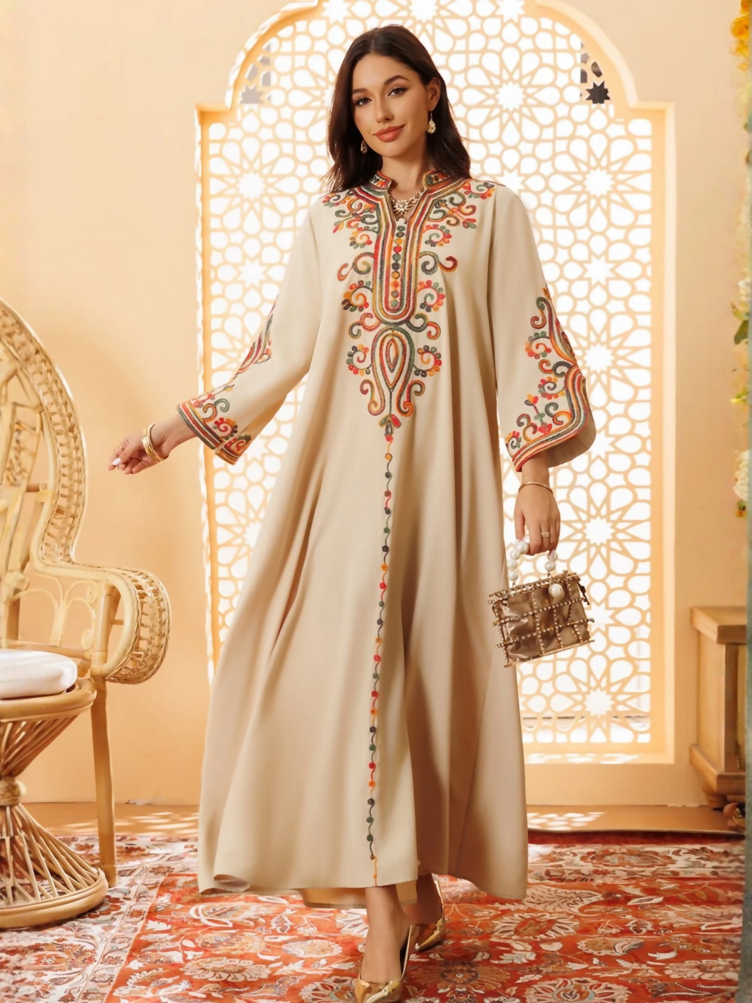 Beige-Duas Boutique Linen Embroidered Kaftan Set-Noor-e-Sahar