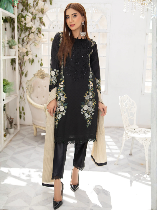 Black Manahil Arts Organza Embellished Stitched 3-Piece Suit-MN-05