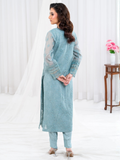 Blue Manahil Arts Khaddi Net Embellished Stitched 3-Piece Suit-Aqua Opulence