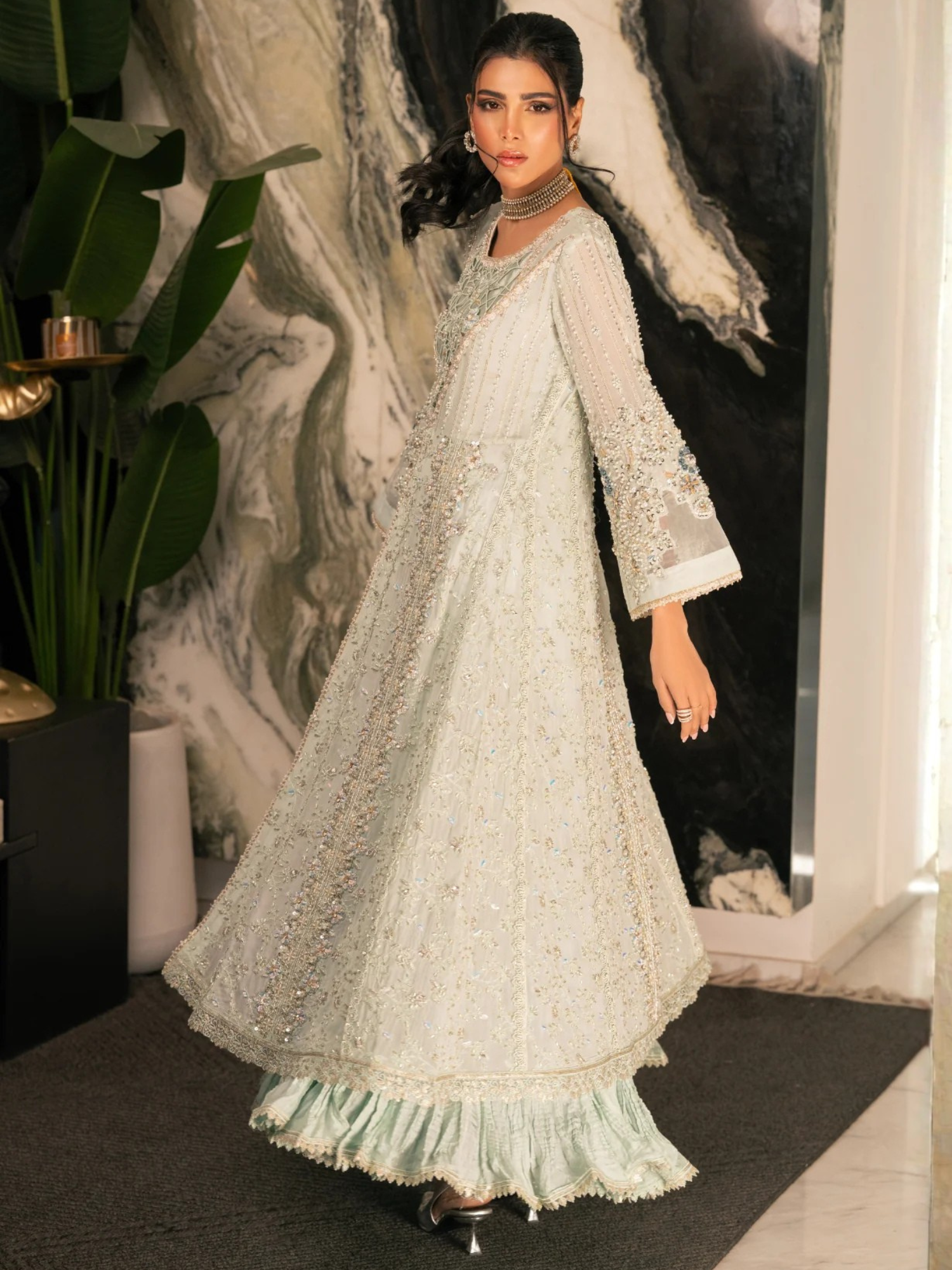 Mint green Manahil Arts Viscose Chiffon Embellished Stitched 4-Piece Suit-K-264-Mint