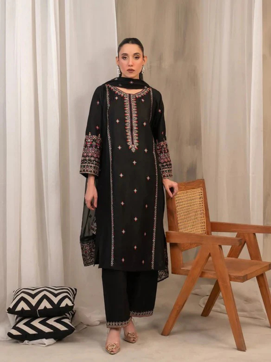 Black Silai Libas Linen Embroidered Stitched 3-Piece Suit-Black Horiya