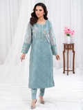 Blue Manahil Arts Khaddi Net Embellished Stitched 3-Piece Suit-Aqua Opulence