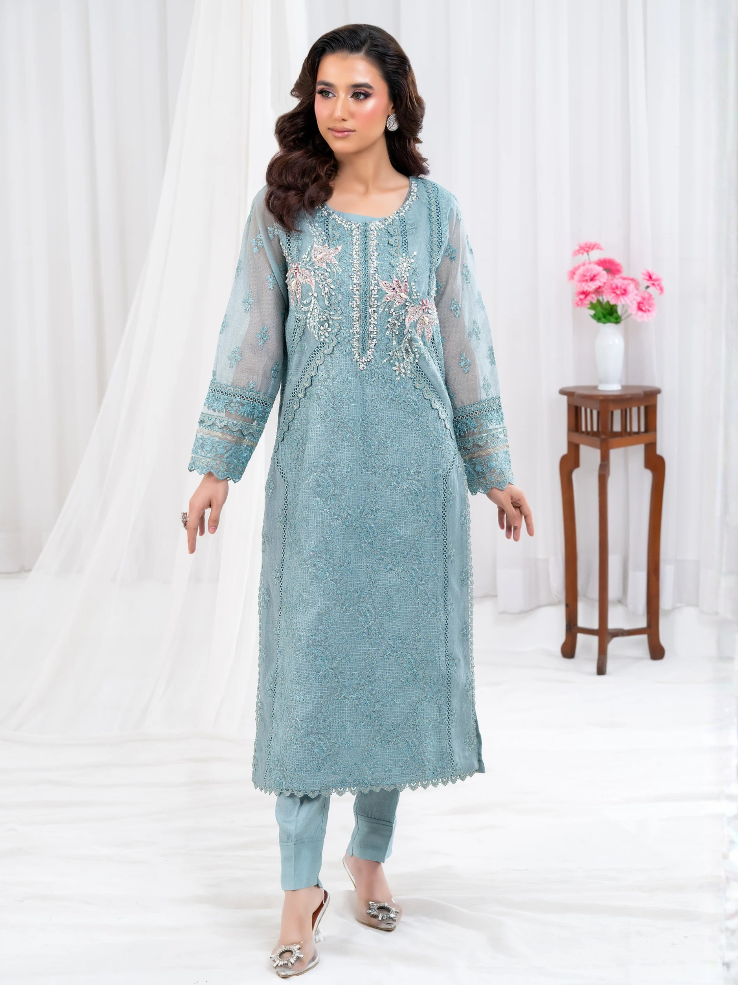 Blue Manahil Arts Khaddi Net Embellished Stitched 3-Piece Suit-Aqua Opulence