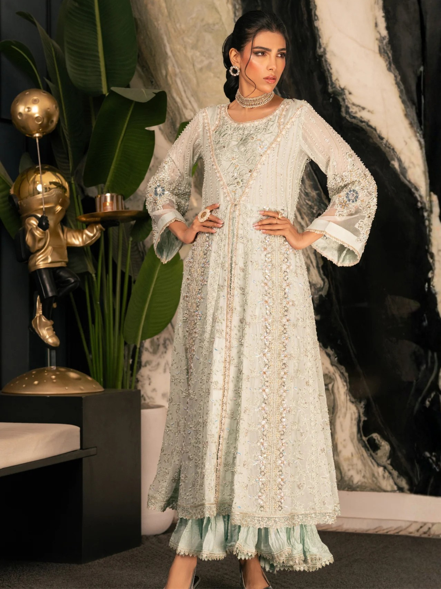 Mint green Manahil Arts Viscose Chiffon Embellished Stitched 4-Piece Suit-K-264-Mint