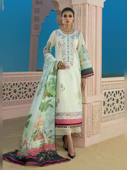 Ivory and Green Wardha Saleem Summer Collection Lawn Embroidered Unstitched 3-Piece Suit-D-06 Shikaar Gah