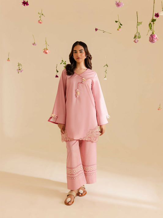 Mahnur Pret Primrose stitched 2-piece suit with embroidered short shirt and bell bottom trouser.