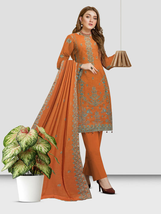 Embroidered Bana Dora Lawn shirt with embroidered Bamber dupatta and plain dyed cotton trouser.
