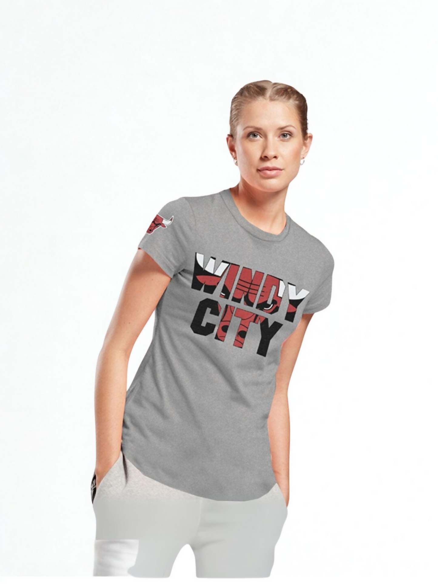 Woman wearing a "Windy City" printed crew neck t-shirt made from soft, breathable cotton-modal blend.