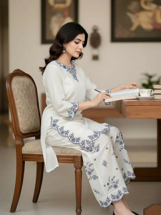 MAK Fashion Khaddar Embroidered Co-Ord Set-Blue Moon