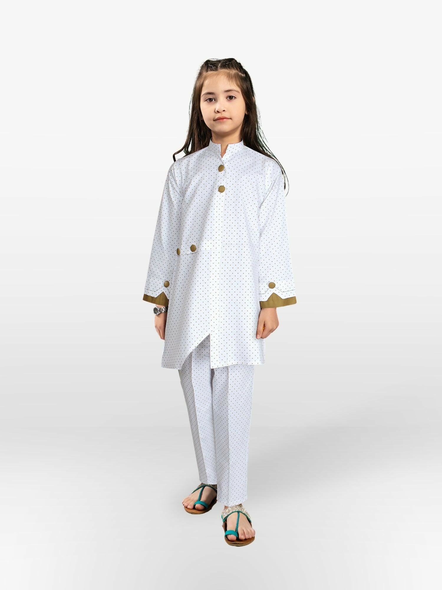 Off-White and Mud Brown Velvour Girls Printed Stitched 2-Piece Suit-VG82-C